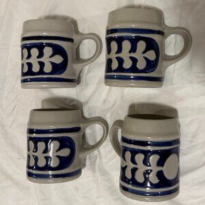 Williamsburg Pottery Salt-Glazed Stoneware Hand Painted Cobalt Blue Mugs Set 4